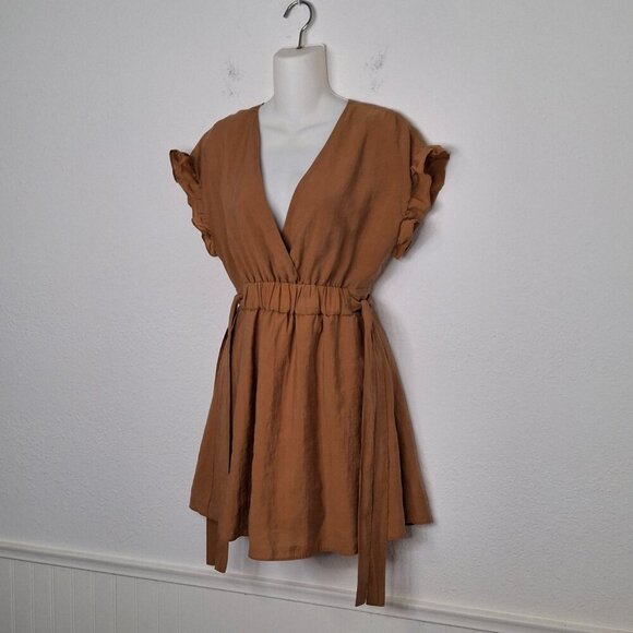 Zara Tie Waist Mini Dress Sz M Elastic Waist Safari Minimalist Neutral Boho - Picture 2 of 16